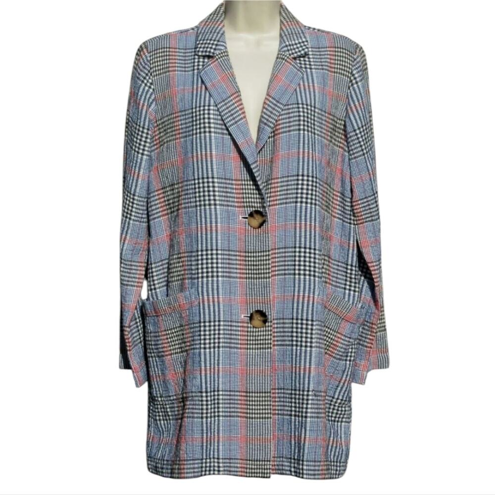 J Jill Barley Relaxed Jacket Blue Red Plaid Cotton Spandex Boyfriend Blazer sz L
